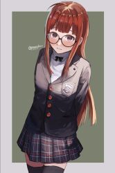Rule 34 | 1girl, ahoge, arms behind back, black jacket, black skirt, black thighhighs, blunt bangs, blush, buttons, closed mouth, commentary request, glasses, highres, jacket, long hair, long sleeves, looking at viewer, orange hair, persona, persona 5, plaid, plaid skirt, pleated skirt, pppppknw, purple eyes, sakura futaba, school emblem, school uniform, shirt, shuujin academy school uniform, skirt, solo, thighhighs, twitter username, two-tone background, white shirt