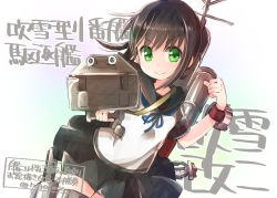 Rule 34 | 10s, 1girl, aiming, aiming at viewer, anchor, anchor symbol, black hair, cannon, character name, clenched hand, fubuki (kancolle), fubuki kai ni (kancolle), green eyes, holding, holding weapon, kantai collection, looking at viewer, machinery, n:go, pleated skirt, school uniform, serafuku, short hair, short sleeves, skirt, smile, solo, translation request, turret, twitter username, v-shaped eyebrows, weapon, wrist cuffs