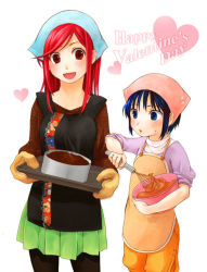 Rule 34 | 2girls, :d, apron, blue eyes, blue hair, blush, cake, chocolate, chocolate making, cooking, food, happy valentine, irieria, multiple girls, open mouth, original, oven mitts, p2! let&#039;s play pingpong, pantyhose, pleated skirt, red eyes, red hair, simple background, skirt, sleeves pushed up, smile, valentine, whisk, white background