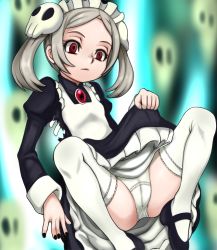 Rule 34 | 1girl, apron, bloody marie (skullgirls), cameltoe, cleft of venus, clothes lift, dress, dress lift, e10, frown, hair ornament, maid, maid apron, maid headdress, mary janes, panties, pantyshot, petticoat, red eyes, shoes, sitting, skull hair ornament, skullgirls, thighhighs, twintails, underwear, upskirt, white hair, white thighhighs