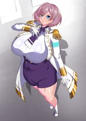 Rule 34 | 1girl, absurdres, arutesu ara, blue eyes, breasts, corset, curvy, gloves, gridman universe, hand on own chest, highres, huge breasts, jacket, looking at viewer, military, military jacket, military uniform, mujina, necktie, parted lips, plump, purple corset, purple necktie, purple shorts, short hair, short shorts, shorts, solo, ssss.dynazenon, thick thighs, thighs, uniform, white footwear, white gloves