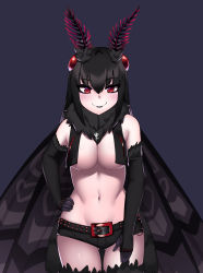 Rule 34 | 1girl, antennae, arthropod girl, bare shoulders, belt, black gloves, black hair, black lips, black shorts, breasts, commission, cowboy shot, cowfee, cropped, elbow gloves, fur collar, gloves, gluteal fold, hair between eyes, hand on own hip, highres, insect girl, insect wings, jewelry, lipstick, looking at viewer, makeup, medium breasts, micro shorts, monster girl, monster girl encyclopedia, monster girl encyclopedia ii, moth girl, moth wings, mothman (monster girl encyclopedia), navel, necklace, red eyes, short shorts, shorts, simple background, skull necklace, smile, solo, thigh gap, wings