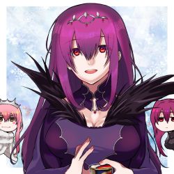Rule 34 | 3girls, :d, ^^^, akio (akio1124), blush stickers, bodysuit, breasts, capelet, cleavage, dress, fate/grand order, fate (series), feather trim, food, hair between eyes, headpiece, ice cream, long hair, medb (fate), multiple girls, open mouth, pink hair, purple dress, purple hair, red eyes, scathach (fate), scathach skadi (fate), smile, snowflake background, tiara, wavy mouth, yellow eyes