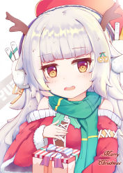 Rule 34 | 1girl, absurdres, alternate costume, artist request, azur lane, bad id, bad pixiv id, blush, christmas, christmas present, earmuffs, gift, graphite (medium), grey eyes, hair ornament, hairclip, highres, looking at viewer, merry christmas, mole, mole under eye, open mouth, santa costume, scarf, silver hair, solo, traditional media, yue (qtxyjiang), z46 (azur lane)