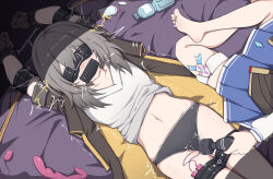 2girls arms_up bdsm bed bed_sheet belly black_panties black_thighhighs blindfold blue_skirt blush bondage bottle bottle_cap bound breasts collarbone crossed_legs crying crying_under_blindfold cuffs drooling drugs duct_tape elbow_cuffs feet female_focus gag gagged grey_hair hair_intakes highres hitachi_magic_wand holding_vibrator honkai:_star_rail honkai_(series) improvised_gag indoors jacket leg_cuffs legs legs_together lying march_7th_(honkai:_star_rail) medium_hair molestation motion_lines multiple_girls navel on_back panties pill pill_bottle pleated_skirt purple_sheet restrained rope saliva saliva_trail sex sex_toy shadow skindentation skirt small_breasts soles stelle_(honkai:_star_rail) tape tape_gag tears thigh_strap thighhighs thighs trailblazer_(honkai:_star_rail) underwear vibrator vibrator_cord vibrator_in_thigh_strap vibrator_under_clothes vibrator_under_panties water_bottle xiao_chai_hu