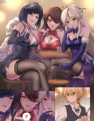 Rule 34 | 1boy, 3girls, aether (genshin impact), alcohol, alternate costume, bare shoulders, bartender, beckoning, beidou (genshin impact), black bow, black bowtie, black dress, black gloves, black hair, black thighhighs, black vest, blonde hair, blush, bow, bowtie, braid, braided ponytail, breasts, brown hair, chair, cleavage, collared shirt, commentary request, crossed legs, cup, dated, detached collar, detached sleeves, dress, drink, elbow gloves, eyepatch, formal, fur-trimmed gloves, fur trim, genshin impact, gloves, green eyes, hair between eyes, hair ornament, hair over one eye, hair stick, heart, highres, holding, holding cup, large breasts, lips, long hair, looking at viewer, medium breasts, multiple girls, ningguang (genshin impact), one eye covered, parted lips, pink lips, purple dress, purple gloves, red dress, red eyes, red gloves, seductive smile, shirt, short hair, sitting, smile, sweatdrop, table, thighhighs, vest, waiter, white hair, white shirt, yamamoto arifred, yelan (genshin impact), yellow eyes