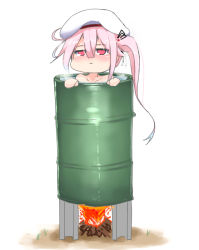 Rule 34 | 10s, 1girl, barrel, bathing, blue hair, blush, drum (container), fire, gradient hair, harusame (kancolle), kantai collection, long hair, multicolored hair, nude, partially submerged, pink eyes, pink hair, side ponytail, solo, steam, tenken (gotannda), water