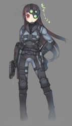 Rule 34 | 1girl, arima senne, bad id, bad pixiv id, bodysuit, boots, brown hair, chin strap, contrapposto, female focus, fn five-seven, full body, grey background, gun, hand on own hip, handgun, harness, holster, kashiwamochi yomogi, knee pads, laser, laser pointer projection, laser sight, long hair, looking at viewer, military, night-vision device, night vision, original, pdw-caliber pistol, pistol, red eyes, red hair, simple background, smile, solo, splinter cell, standing, thigh holster, weapon