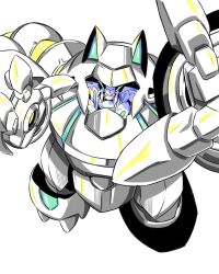 Rule 34 | artist request, commentary request, granbelm, highres, looking at viewer, mecha, no humans, robot, sketch, viola katze, white background, yellow eyes