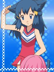 Rule 34 | 1girl, animal ears, awa, blue eyes, blue hair, cat ears, cat tail, cheerleader, creatures (company), dawn (pokemon), game freak, lowres, nintendo, oekaki, pokemon, pokemon (anime), tail