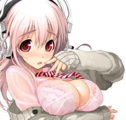 Rule 34 | 1girl, blush, bra, breasts, buttons, cleavage, headphones, large breasts, lingerie, long hair, necktie, nitroplus, pink eyes, pink hair, see-through, simple background, solo, striped, super sonico, sweat, tsuji santa, underwear, wet, wet clothes