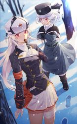 Rule 34 | 2girls, ash arms, chocolate, coat, day, ddoalo, fur hat, gloves, hat, highres, kv-1 (ash arms), long hair, military, military uniform, multiple girls, outdoors, red eyes, red star, short hair, silver hair, skirt, snow, snowing, star (symbol), t-34 (ash arms), tree, uniform