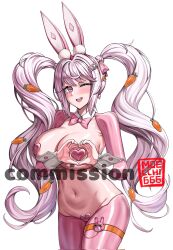 1girl aris_(blue_archive) artist_name breasts carrot_hair_ornament cleavage commission detached_collar food-themed_hair_ornament goddess_of_victory:_nikke hair_ornament heart heart_hands highres huge_breasts leotard meme_attire moecchi navel one_eye_closed pasties pink_eyes pink_hair pink_leotard reverse_bunnysuit reverse_outfit solo twintails watermark white_background