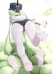 Rule 34 | 1girl, absurdres, black hat, black shorts, blue archive, crane game, feet, foot focus, full body, green halo, grey hair, halo, hat, highres, j.c.14, long hair, nozomi (blue archive), pantyhose, peroro (blue archive), shorts, soles, solo, toes, twintails, white pantyhose