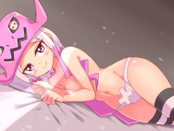 Rule 34 | 2girls, blush, breasts, cleavage, cougar (cougar1404), dragon: marked for death, hat, long hair, multiple girls, navel, panties, pink eyes, pink hair, smile, solo, striped clothes, striped thighhighs, thighhighs, topless, underwear, white hair, white panties, witch (dmfd)