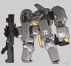 Rule 34 | armor, blue eyes, clenched hand, dated, full armor, grey background, gun, holding, holding gun, holding weapon, jgsdf type 07 tank natchin, looking ahead, mecha, moi moi7, no humans, original, robot, science fiction, solo, weapon
