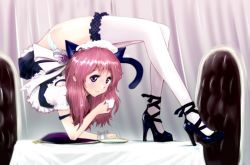Rule 34 | 09 (qw20009), 1girl, all fours, animal ears, arched back, cat ears, cat tail, clothes lift, extra ears, fake animal ears, flexible, frilled thighhighs, frills, full body, high heels, looking at viewer, on table, panties, pink hair, purple eyes, shoes, skirt, skirt lift, solo, table, tagme, tail, thighhighs, underwear