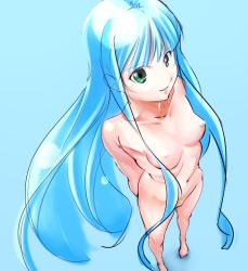 Rule 34 | bad id, bad pixiv id, barefoot, blue hair, foreshortening, from above, green eyes, long hair, nipples, nude, p.k., pov, solo