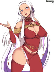 Rule 34 | 1girl, armlet, artist name, blush, breasts, choker, cleavage, covered erect nipples, dancer, dress, edelgard von hresvelg, fire emblem, fire emblem: three houses, hair ribbon, highres, jewelry, large breasts, looking at viewer, lumarianne20, nintendo, open mouth, panties, pubic tattoo, purple eyes, red thighhighs, ribbon, simple background, solo, tattoo, thighhighs, underwear, white background, white hair, white panties, wide hips