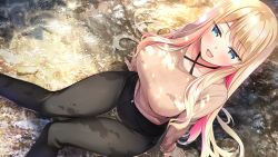 Rule 34 | 1girl, :d, amaemi-longing for you-, black pants, blonde hair, blue eyes, blush, breasts, collarbone, criss-cross halter, dappled sunlight, from above, game cg, grey sweater, halterneck, kusunoki iroha, large breasts, long hair, long sleeves, multicolored hair, open mouth, oryo (oryo04), outdoors, pants, pink hair, ribbed sweater, sitting, smile, solo, sunlight, sweater, thigh gap, two-tone hair, very long hair, water