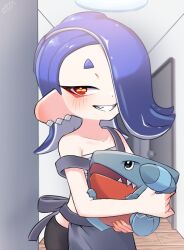 Rule 34 | 1girl, amakusa setoka, apron, black pants, blue apron, blue hair, cephalopod eyes, chest sarashi, commentary request, creatures (company), earrings, eyelashes, eyeshadow, game freak, gen 4 pokemon, gible, hair over one eye, highres, holding, holding pokemon, indoors, looking at viewer, makeup, medium hair, nintendo, octoling, pants, pokemon, pokemon (creature), red eyes, red eyeshadow, sarashi, sharp teeth, shiver (splatoon), smile, splatoon (series), splatoon 3, standing, teeth, tentacle hair, thick eyebrows, tooth earrings, yellow pupils