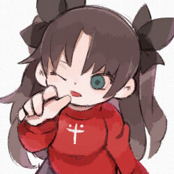 Rule 34 | 1girl, black hair, black ribbon, chibi, fate/stay night, fate (series), hair ribbon, long hair, long sleeves, one eye closed, open mouth, parted bangs, red sweater, ribbon, simple background, solo, sweater, tohsaka rin, two side up, upper body, white background, yukino super