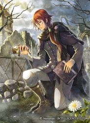 Rule 34 | 1boy, belt, book, boots, cape, cloud, copyright name, doll, earrings, etzel (fire emblem), fire emblem, fire emblem: mystery of the emblem, fire emblem cipher, flower, jewelry, long hair, low ponytail, male focus, monocle, nintendo, official art, rain, red eyes, red hair, ring, rock, sky, solo, sparkle, tree