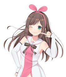 Rule 34 | 1girl, arm up, arm warmers, armpits, bare shoulders, blue eyes, blush, boots, bow, breasts, brown hair, collarbone, hair bow, hairband, kizuna ai, lace, lace-trimmed legwear, lace trim, long hair, looking at viewer, medium breasts, navel, official art, open mouth, outstretched arm, outstretched hand, pink bow, pink hairband, ribbon, sailor collar, simple background, smile, solo, swept bangs, tagme, thigh boots, thighhighs, vest, white vest