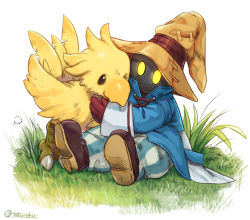 Rule 34 | bird, black mage (final fantasy), blue coat, boots, chocobo, coat, final fantasy, final fantasy ix, full body, gloves, glowing, glowing eyes, grass, hat, high collar, hug, lace-up top, on ground, outdoors, pants, red gloves, square enix, striped clothes, striped pants, tatsunaka (tx3), vivi ornitier, white background, wizard hat, yellow eyes