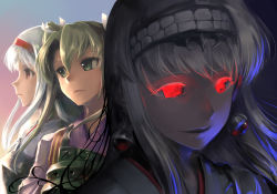 Rule 34 | 10s, 3girls, abyssal ship, close-up, closed mouth, dual persona, earrings, ebizome, green eyes, green hair, hair ribbon, hairband, japanese clothes, jewelry, kantai collection, kimono, long hair, looking afar, multiple girls, muneate, no pupils, open mouth, pale skin, profile, red eyes, ribbon, serious, shoukaku (kancolle), silver hair, smile, upper body, very long hair, white ribbon, zuikaku (kancolle)