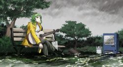 Rule 34 | 1girl, acoustic guitar, bench, boots, bush, can, cloud, cloudy sky, coat, commentary, expressionless, flood, green eyes, green hair, grey sky, guitar, gumi, hbsprout, highres, holding, holding can, instrument, looking up, on bench, outdoors, pants, park, rain, raincoat, shirt, short hair, short hair with long locks, sidelocks, sitting, sky, transparent, transparent umbrella, trash can, tree, umbrella, vending machine, vocaloid, white shirt, wide shot, yellow coat
