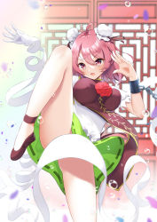 Rule 34 | 1girl, absurdres, ahoge, ambasa, bandaged arm, bandages, bare legs, blurry, blush, breasts, convenient censoring, cuffs, double bun, feet out of frame, flower, green skirt, hair between eyes, hair bun, highres, ibaraki kasen, large breasts, looking ahead, open mouth, pink eyes, pink flower, pink hair, pink rose, puffy short sleeves, puffy sleeves, rose, shackles, shirt, short hair, short sleeves, skirt, solo, tabard, thighs, touhou, v-shaped eyebrows, white shirt
