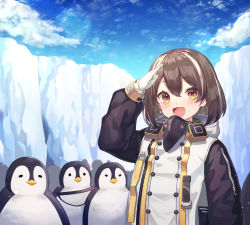 Rule 34 | 1girl, :d, absurdres, animal, arknights, arm up, bird, bird mask, blue sky, blush, brown eyes, brown hair, cloud, commentary request, day, earrings, glint, gloves, hair between eyes, highres, ice, jacket, jewelry, long sleeves, looking at viewer, magallan (arknights), mask, mask around neck, multicolored hair, nam (nam990902), open mouth, outdoors, penguin, salute, sky, smile, solo, streaked hair, upper body, white gloves, white hair, white jacket