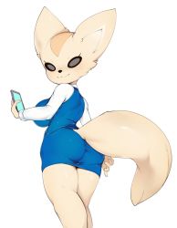 Rule 34 | 10s, 1girl, :3, absurdres, aggressive retsuko, animal ears, ass, bad id, bad twitter id, blue skirt, breasts, cellphone, fenneko, fox ears, fox tail, from behind, furry, furry female, highres, holding, holding phone, large breasts, legs together, long sleeves, looking at viewer, looking back, office lady, pencil skirt, phone, shirt, simple background, skirt, slugbox, smile, solo, standing, tail, taut clothes, white background