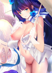 Rule 34 | 1girl, absurdres, aruuin, blue eyes, blue flower, blue hair, blue rose, breasts, choker, cleavage, flower, gloves, hair flower, hair ornament, highres, honkai (series), honkai impact 3rd, large breasts, long hair, looking at viewer, navel, nipples, nude, parasol, parted lips, pussy, raiden mei, raiden mei (valkyrie bladestrike), rose, smile, solo, torn clothes, umbrella, uncensored, undressing, very long hair, white gloves