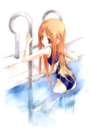 Rule 34 | 1girl, competition swimsuit, from behind, highres, long hair, looking back, one-piece swimsuit, orange hair, original, partially submerged, pool, pool ladder, poolside, red eyes, skinny, solo, sumi keiichi, swimsuit, translucent hair, water