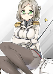 Rule 34 | 10s, 1boy, 1girl, absurdres, admiral (kancolle), black pantyhose, breasts, buttons, double-breasted, epaulettes, femdom, folded ponytail, glasses, green eyes, highres, human furniture, kantai collection, katori (kancolle), large breasts, looking at viewer, miniskirt, necktie, pantyhose, pointer, riding crop, ryuki (ryukisukune), silver hair, sitting, sitting on person, skirt, smile, whip