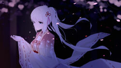 Rule 34 | 1girl, absurdres, blue eyes, cherry blossoms, chinese commentary, closed mouth, commentary, dark, expressionless, floating clothes, floating hair, floral print, flower, from side, hair flower, hair ornament, hand up, highres, japanese clothes, long hair, long sleeves, looking ahead, miko, night, nitronn (nitrun), outdoors, petals, ponytail, profile, red ribbon, ribbon, ribbon-trimmed sleeves, ribbon trim, senren banka, solo, tomotake yoshino, twintails, upper body, white flower, white hair, wide sleeves, wind