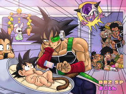 Rule 34 | 1girl, 6+boys, age difference, armor, baby, bardock, beaten, blood, character request, clothes writing, copyright name, dragon ball, dragonball z, father and son, frieza, injury, male focus, multiple boys, muscular, panbukin (dragon ball), raditz, scar, scouter, seripa, son goku, spoken face, stargeyser, tail, toma (dragon ball), toninjinka, toteppo, aged down