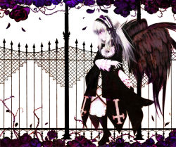 Rule 34 | 00s, 1girl, black dress, black wings, comic, cross-laced clothes, dress, frills, hairband, lolita hairband, long hair, long sleeves, looking afar, looking away, looking to the side, pink eyes, rozen maiden, silent comic, solo, sorethroat, standing, suigintou, very long hair, wings