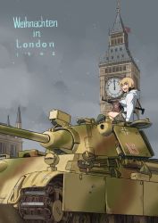 Rule 34 | 1girl, assault rifle, balkenkreuz, blonde hair, blue eyes, cloud, cloudy sky, coat, commentary, cross, day, elizabeth tower, english text, german text, green hat, grey sky, gun, hat, headphones, holding, holding gun, holding weapon, hood, hooded coat, iron cross, long hair, long sleeves, looking at viewer, mikoyan, military, military vehicle, motor vehicle, nazi flag, open mouth, original, outdoors, panther (tank), peaked cap, rifle, sitting, sky, smile, snow, solo, stuffed animal, stuffed toy, tank, teddy bear, tiger ii, translated, weapon, white coat