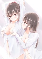 Rule 34 | 2girls, blush, grabbing another&#039;s breast, breasts, brown eyes, brown hair, cleavage, grabbing, highres, kamakama (kdmorh kamakama), large breasts, looking to the side, multiple girls, open clothes, original, ponytail, yuri