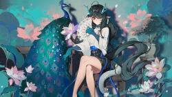 Rule 34 | 1girl, absurdres, ahoge, ambience synesthesia, api qwq, arknights, bird, black hair, black skirt, blue bird, blue hair, blue skin, chinese clothes, closed mouth, colored skin, commentary request, crossed legs, dragon horns, dragon tail, dusk, dusk (arknights), earrings, expressionless, feet out of frame, flower, green horns, hair over one eye, hand fan, highres, holding, holding fan, horns, jewelry, leaf, long hair, looking at viewer, multicolored hair, official alternate costume, on chair, one eye covered, peacock, pink flower, pointy ears, red eyes, shirt, sitting, skirt, solo, streaked hair, tail, white shirt, wide sleeves