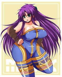Rule 34 | 1girl, afuro, bare shoulders, breasts, cosplay, covered erect nipples, faris scherwiz, female focus, final fantasy, final fantasy v, green eyes, large breasts, long hair, monk, monk (fft), open mouth, purple hair, solo, sweat