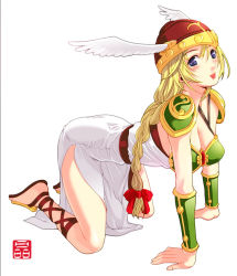 Rule 34 | 1girl, all fours, armor, armored dress, blonde hair, blue eyes, blush, braid, breasts, cleavage, full body, gauntlets, gladiator sandals, green armor, head wings, helmet, lips, long hair, namco, pauldrons, sandals, shoulder armor, simple background, solo, sonobe kazuaki, valkyrie, valkyrie (vnd), valkyrie no densetsu, white background, wings
