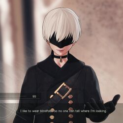Rule 34 | 1boy, 9s (nier:automata), black blindfold, black choker, black gloves, black jacket, blindfold, buttons, character name, choker, dialogue box, english text, gloves, grey hair, highres, i really like wearing sunglasses (meme), jacket, male focus, mariezone, meme, nier:automata, nier (series), outstretched hand, pendant choker, short hair, solo, subtitled