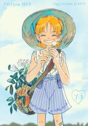 Rule 34 | 1girl, aged down, bandaid, bandaid on leg, basket, blouse, blue sky, closed eyes, english text, feleven, flower, happy birthday, hat, high-waist shorts, highres, holding, holding flower, nami (one piece), one piece, orange hair, plant, shirt, short hair, shorts, sky, smile, solo, sun hat, tank top