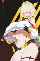 Rule 34 | 1girl, arm guards, bag, belt, blonde hair, blush, breasts, clothing cutout, crop top, crop top overhang, cropped sweater, elegg (nikke), gloves, goddess of victory: nikke, hair intakes, hair over eyes, highres, huge breasts, long bangs, long sleeves, micro shorts, midriff, navel, shorts, shoulder cutout, smile, solo, sweat, sweater, thigh strap, thighs, underboob, white shorts, white sweater, yanje