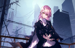 Rule 34 | 1girl, cityscape, essual (layer world), highres, jacket, jewelry, long hair, looking at viewer, necklace, original, outdoors, pink hair, smile, solo, utility pole, v, yellow eyes