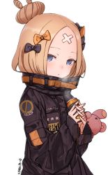 Rule 34 | 1girl, abigail williams (fate), abigail williams (traveling outfit) (fate), absurdres, bandaid, bandaid on face, bandaid on forehead, belt, black bow, black jacket, blonde hair, blue eyes, bow, breasts, crossed bandaids, fate/grand order, fate (series), forehead, hair bow, hair bun, high collar, highres, jacket, kuronuko neero, long hair, long sleeves, multiple bows, open mouth, orange belt, orange bow, parted bangs, polka dot, polka dot bow, sleeves past fingers, sleeves past wrists, small breasts, solo, stuffed animal, stuffed toy, teddy bear
